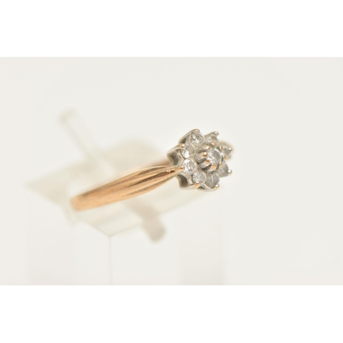 409 - A 9CT GOLD DIAMOND CLUSTER RING, small circular cluster of nine small round brilliant cut diamonds, ... 