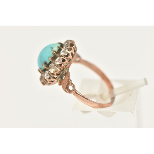 412 - A ROSE METAL TURQUOISE CLUSTER RING, of an oval form, set with a central oval cut turquoise, claw se... 