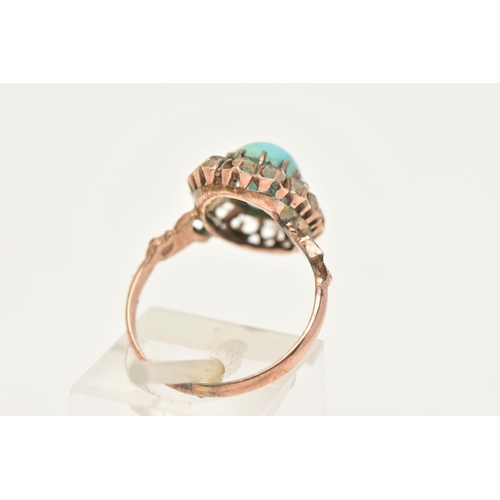 412 - A ROSE METAL TURQUOISE CLUSTER RING, of an oval form, set with a central oval cut turquoise, claw se... 