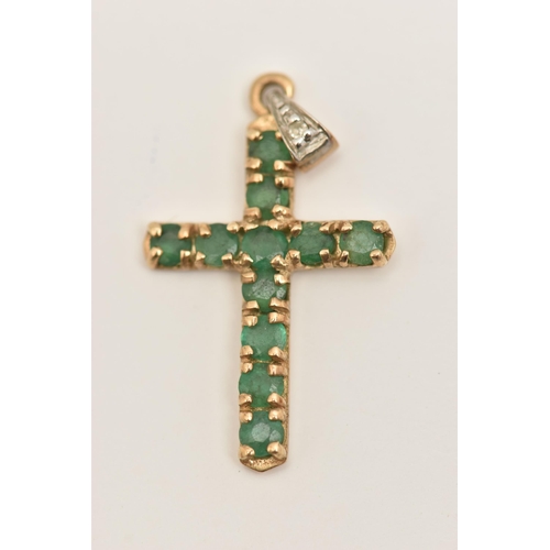 416 - TWO CROSS PENDANTS, the first set with emeralds and a single cut diamond set to the tapered bail, st... 