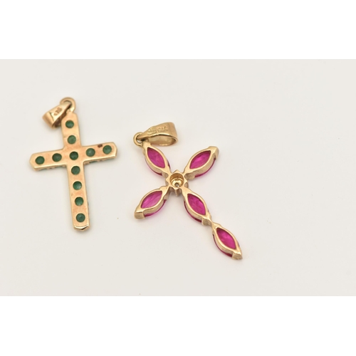 416 - TWO CROSS PENDANTS, the first set with emeralds and a single cut diamond set to the tapered bail, st... 