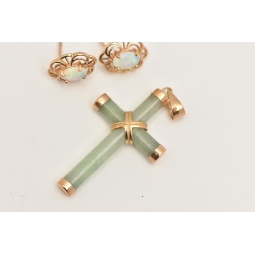 417 - A 9CT GOLD JADE CROSS PENDANT AND A PAIR OF OPAL STUD EARRINGS, polished and carved jade cross with ... 