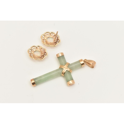 417 - A 9CT GOLD JADE CROSS PENDANT AND A PAIR OF OPAL STUD EARRINGS, polished and carved jade cross with ... 