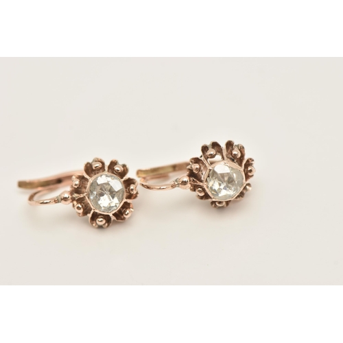 419 - A PAIR OF DIAMOND EARRINGS, modern earrings fashioned in a late Victorian style, each earring collet... 