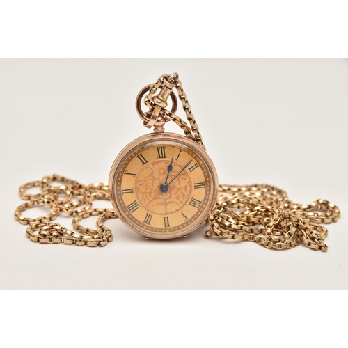 424 - A YELLOW METAL LONGUARD CHAIN AND OPEN FACE POCKET WATCH, belcher longuard chain fitted with a lobst... 