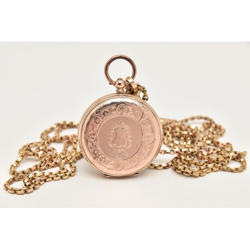 424 - A YELLOW METAL LONGUARD CHAIN AND OPEN FACE POCKET WATCH, belcher longuard chain fitted with a lobst... 