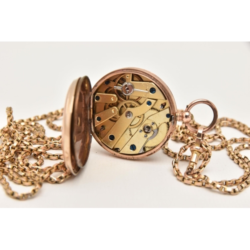 424 - A YELLOW METAL LONGUARD CHAIN AND OPEN FACE POCKET WATCH, belcher longuard chain fitted with a lobst... 