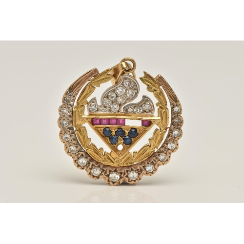 425 - AN 18CT GOLD GEM SET PENDANT, AF of a circular form, depicting a flame set with single cut diamonds,... 