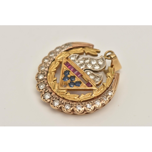 425 - AN 18CT GOLD GEM SET PENDANT, AF of a circular form, depicting a flame set with single cut diamonds,... 