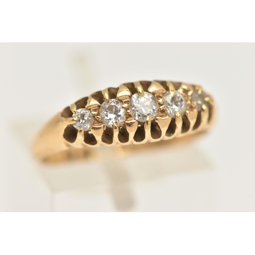 431 - AN EARLY 20TH CENTURY 18CT GOLD DIAMOND BOAT RING, set with a row of five graduating old cut and sin... 