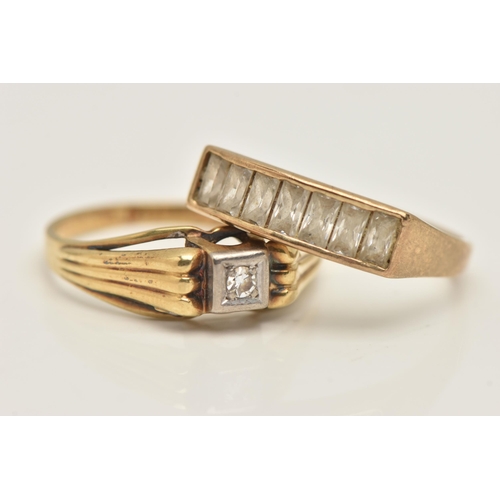 433 - TWO RINGS, the first a yellow metal ring set with a small single cut diamond in a white metal mount ... 