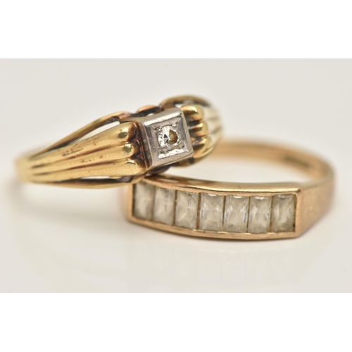 433 - TWO RINGS, the first a yellow metal ring set with a small single cut diamond in a white metal mount ... 