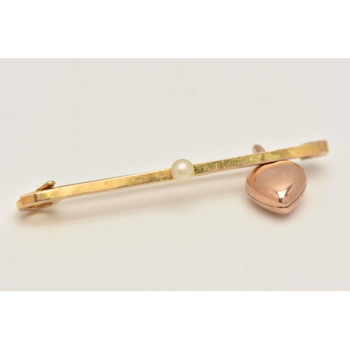 438 - A YELLOW METAL BAR BROOCH, polished bar with attached small pearl, stamped 9ct, suspending a rose me... 