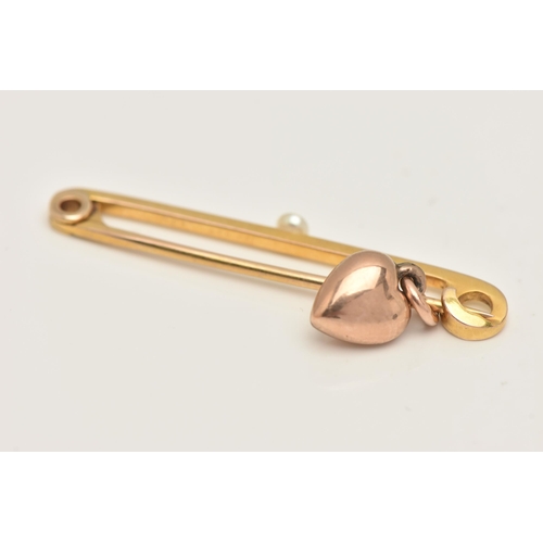 438 - A YELLOW METAL BAR BROOCH, polished bar with attached small pearl, stamped 9ct, suspending a rose me... 