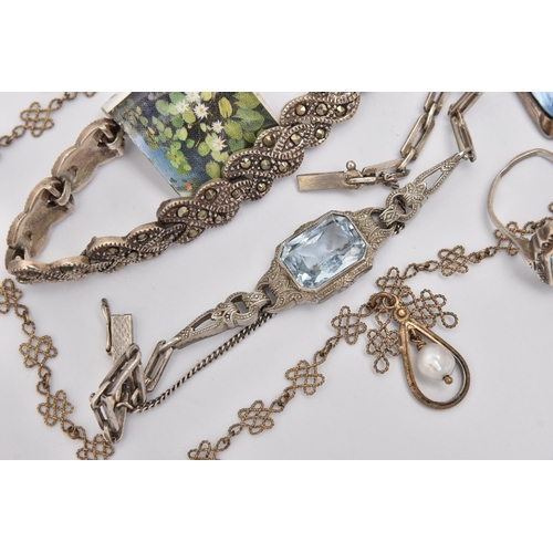 442 - A SMALL ASSORTMENT OF JEWELLERY, to include a light blue paste set pendant, stamped 835, a white met... 