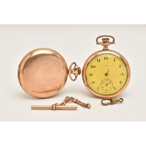 445 - TWO ROLLED GOLD POCKET WATCHES, the first a manual wind, full hunter 'Elgin' pocket watch, round whi... 