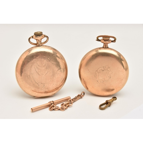 445 - TWO ROLLED GOLD POCKET WATCHES, the first a manual wind, full hunter 'Elgin' pocket watch, round whi... 