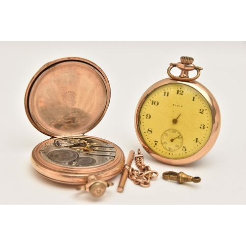 445 - TWO ROLLED GOLD POCKET WATCHES, the first a manual wind, full hunter 'Elgin' pocket watch, round whi... 