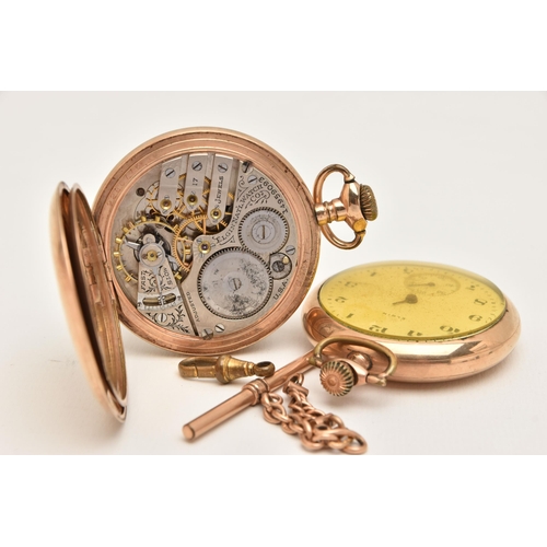 445 - TWO ROLLED GOLD POCKET WATCHES, the first a manual wind, full hunter 'Elgin' pocket watch, round whi... 