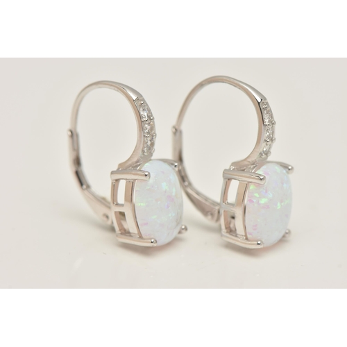 452 - A PAIR OF WHITE METAL SYNTHETIC OPAL AND CUBIC ZIRCONIA SET EARRINGS, set with an oval synthetic opa... 