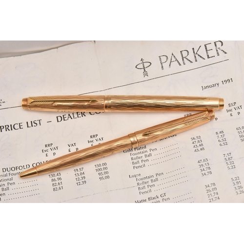 454 - A CASED 'PARKER' PRESIDENTIAL FOUNTAIN AND BALL POINT PEN SET, both stamped with French 18ct gold co... 