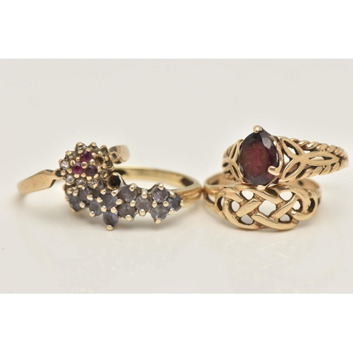 458 - FOUR 9CT GOLD RINGS, the first a Celtic knot design ring, together with three gem set rings, each ha... 