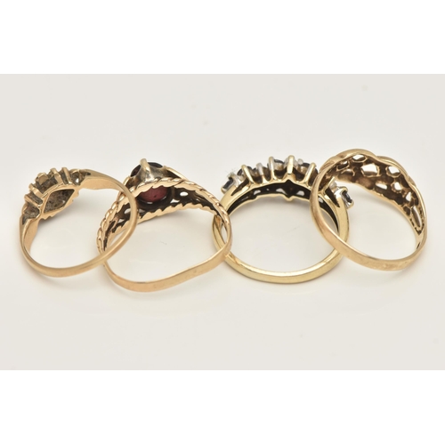 458 - FOUR 9CT GOLD RINGS, the first a Celtic knot design ring, together with three gem set rings, each ha... 