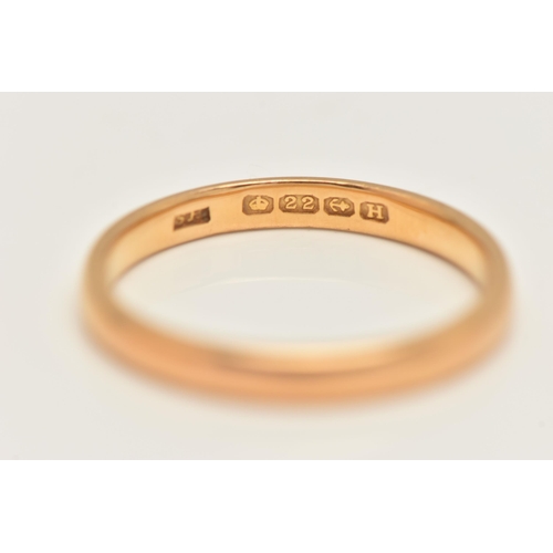 459 - A 22CT GOLD BAND RING, plain polished band ring, approximate width 2.5mm, hallmarked 22ct Birmingham... 