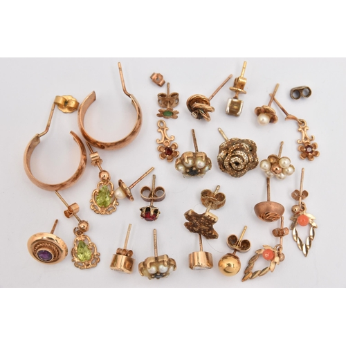 461 - AN ASSORTMENT OF YELLOW METAL EARRINGS, an assortment of pairs and single yellow metal earrings, som... 