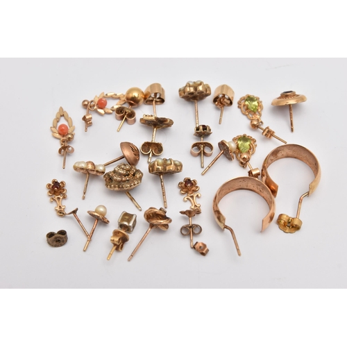 461 - AN ASSORTMENT OF YELLOW METAL EARRINGS, an assortment of pairs and single yellow metal earrings, som... 