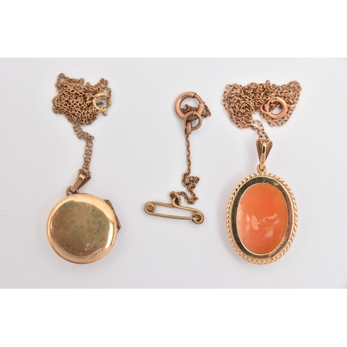 462 - A SMALL QUANTITY OF JEWELLERY, to include a 9ct gold  cameo pendant, suspended from a fine trace cha... 