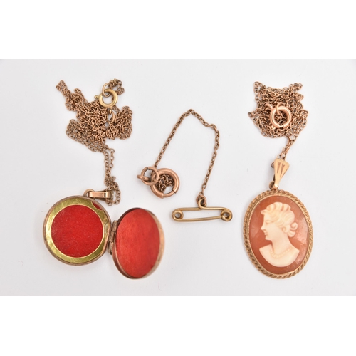 462 - A SMALL QUANTITY OF JEWELLERY, to include a 9ct gold  cameo pendant, suspended from a fine trace cha... 