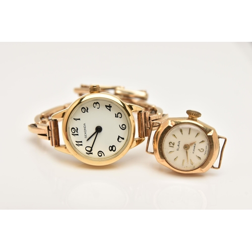 463 - TWO LADIES WATCHES, the first a 9ct gold watch head, hand wound movement, round dial signed 'Slava',... 