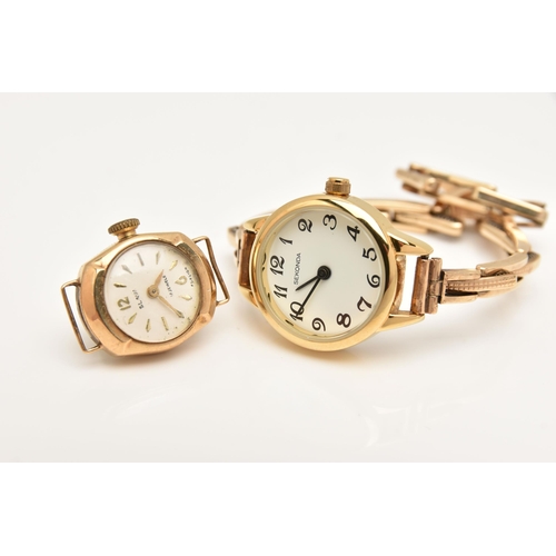 463 - TWO LADIES WATCHES, the first a 9ct gold watch head, hand wound movement, round dial signed 'Slava',... 