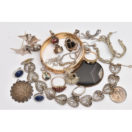 464 - AN ASSORTMENT OF WHITE METAL JEWELLERY, to include two necklaces, two bracelets, a brooch, two penda... 