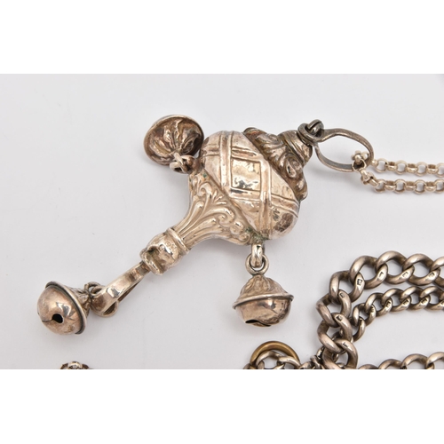 467 - A SILVER BABY RATTLE WITH BELCHER CHAIN AND AN ALBERT CHAIN, the AF baby rattle fitted with three be... 