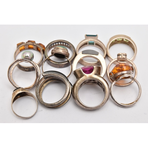 470 - A BAG OF ASSORTED WHITE METAL RINGS, to include a silver onyx set ring, hallmarked Sheffield, ring s... 