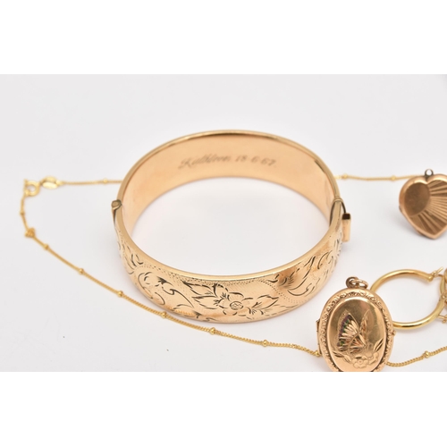 475 - FIVE ITEMS OF JEWELLERY, to include a wide hinged bangle stamped 1/5 9ct RG, engraved 'Kathleen 18.6... 