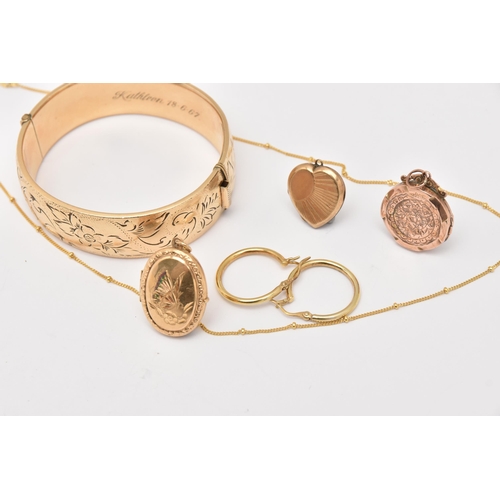 475 - FIVE ITEMS OF JEWELLERY, to include a wide hinged bangle stamped 1/5 9ct RG, engraved 'Kathleen 18.6... 