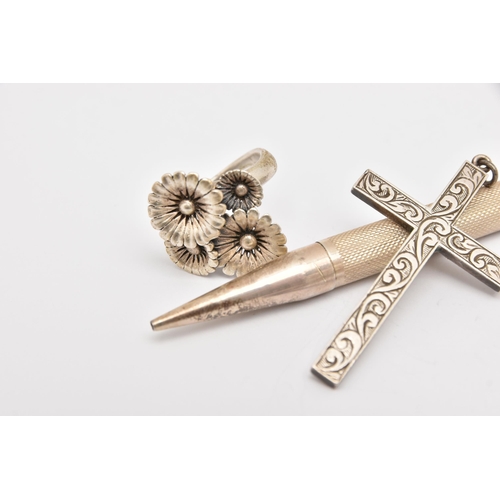 476 - A SILVER PROPELLING PENCIL, TWO RINGS AND A CROSS PENDANT, the pencil with an engine turned pattern ... 