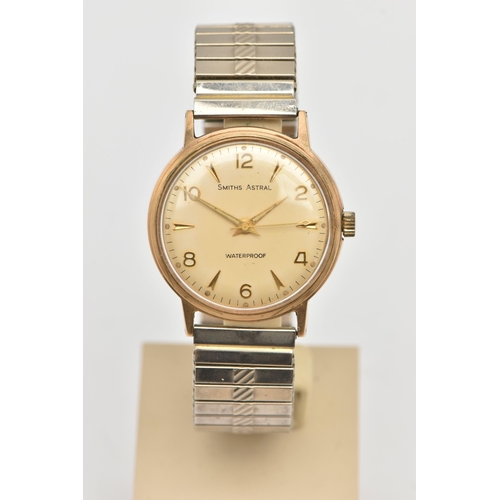 482 - A GENTS 9CT GOLD 'SMITHS ASTRAL' WRISTWATCH, manual wind, round discoloured silver dial signed 'Smit... 