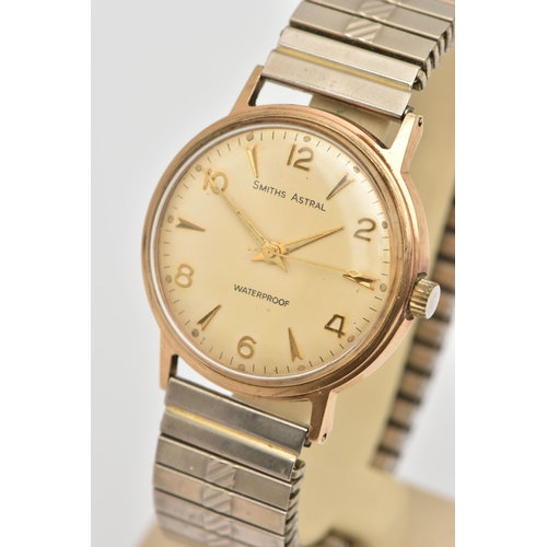 482 - A GENTS 9CT GOLD 'SMITHS ASTRAL' WRISTWATCH, manual wind, round discoloured silver dial signed 'Smit... 