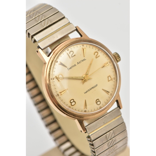 482 - A GENTS 9CT GOLD 'SMITHS ASTRAL' WRISTWATCH, manual wind, round discoloured silver dial signed 'Smit... 