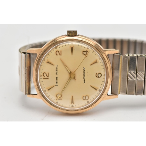 482 - A GENTS 9CT GOLD 'SMITHS ASTRAL' WRISTWATCH, manual wind, round discoloured silver dial signed 'Smit... 