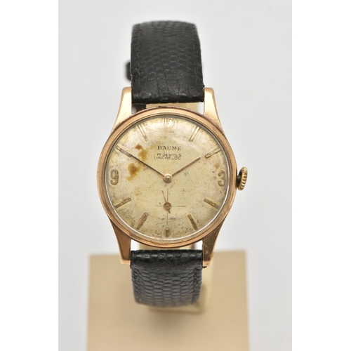 483 - A GENTS 9CT GOLD 'BAUME' WRISTWATCH, manual wind, round discoloured silver dial signed 'Baume', Arab... 