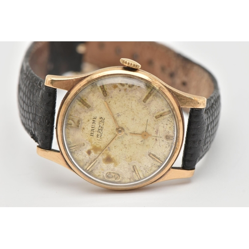 483 - A GENTS 9CT GOLD 'BAUME' WRISTWATCH, manual wind, round discoloured silver dial signed 'Baume', Arab... 