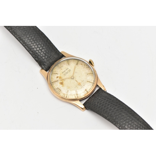 483 - A GENTS 9CT GOLD 'BAUME' WRISTWATCH, manual wind, round discoloured silver dial signed 'Baume', Arab... 