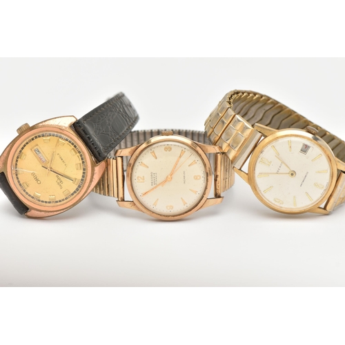 484 - THREE GENTS WRISTWATCHES, to include a gold plated 'Record' manual wind, with stretch link bracelet,... 