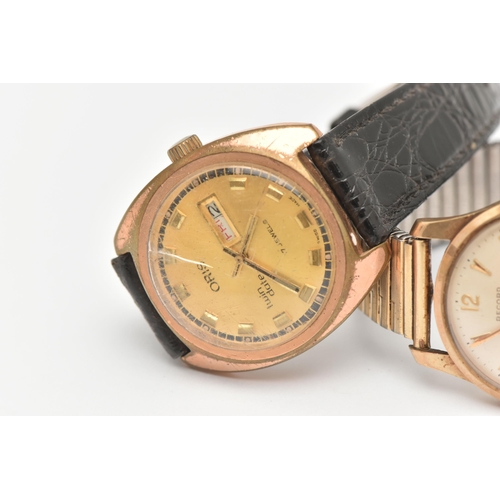 484 - THREE GENTS WRISTWATCHES, to include a gold plated 'Record' manual wind, with stretch link bracelet,... 