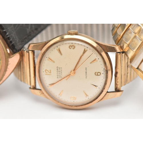 484 - THREE GENTS WRISTWATCHES, to include a gold plated 'Record' manual wind, with stretch link bracelet,... 